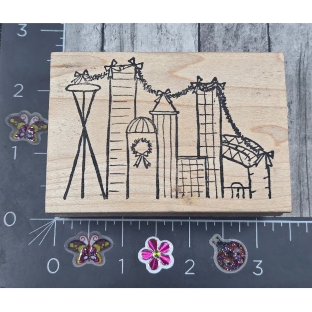 Impress Christmas Wreathe Holiday Seattle Skyline City Rubber Stamp Wood #L9